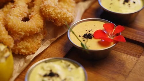 Served Deep Fried Fish Mix Food Set Composition Cook Made Squid Rings Sprat Gobies Oysters on a Tray