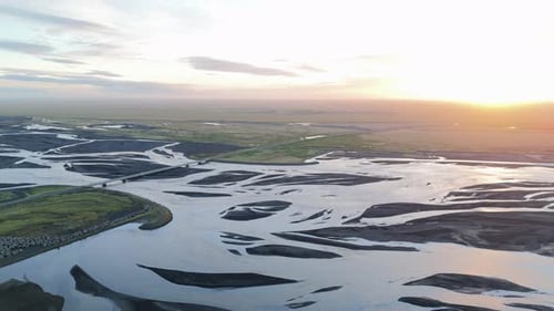 Aerial View of the River in the Lowlands of Iceland During Beautiful Sunset
