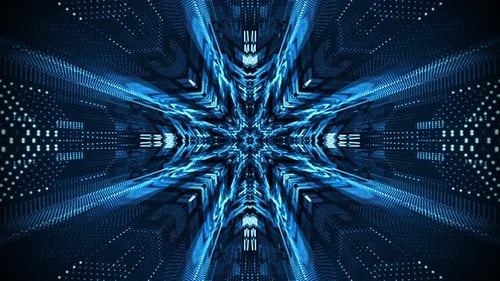 Blauer Fraktaltunnel aus futuristischen Mustern mit hellem Leuchteffekt auf dunklem Hintergrund