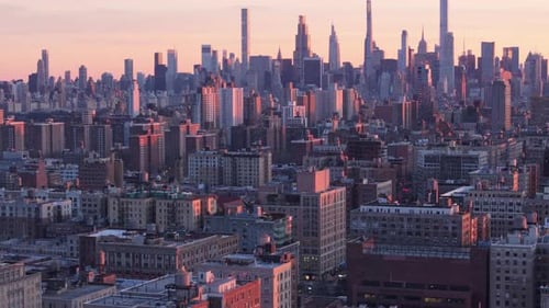 Aerial view of the New York City skyline at dusk
