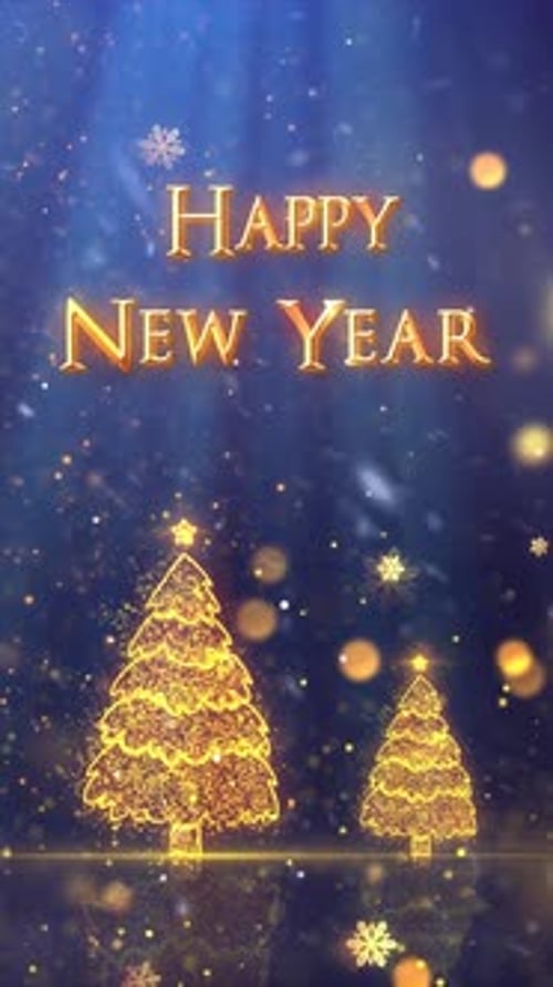 Happy New Year Greeting with Golden Christmas Trees and Falling Snow