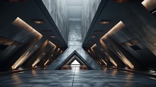 Futuristic concrete hallway with triangular archways