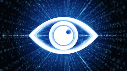 Digital Eye Glowing with Binary Code Technology Background