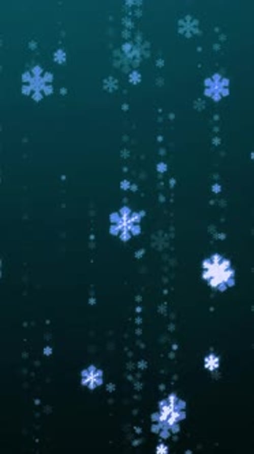 Blue glitter glowing snowflakes falling in soft shimmering motion