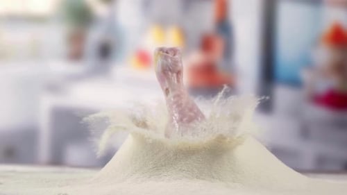 Chicken Drumstick Falling into Flour Slow Motion Shot
