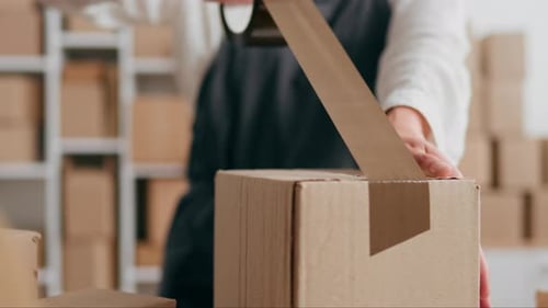 Warehouse Delivery Service Packing Boxes With Tape, Preparing Parcel Cardboard Boxes For Shipment