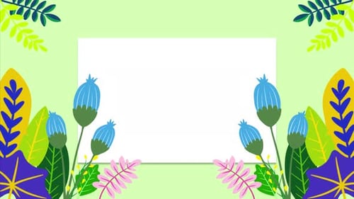 Beautiful floral cartoon animation spring with rectangle white frame. With lime background.