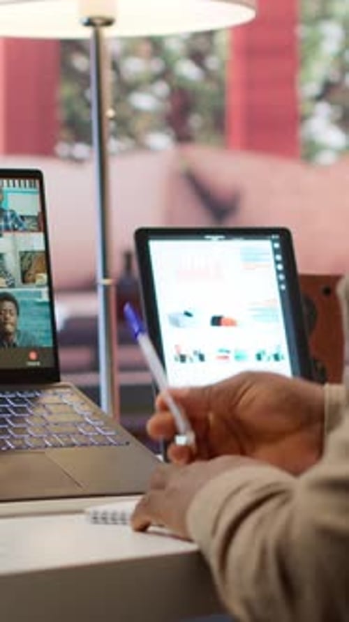 Vertical Video Businessman Presents Annual Sales Reports to the Shareholders on Videocall