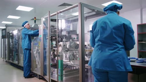 Serviceprozess für die Werksproduktionslinie. Fabrikarbeiter, die pharmazeutische Geräte bedienen. Pharmazie