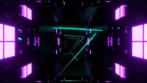 Turquoise And Purple Cyber Tunnel With Glowing Neon Lines And Squares Background Vj Loop In 4K