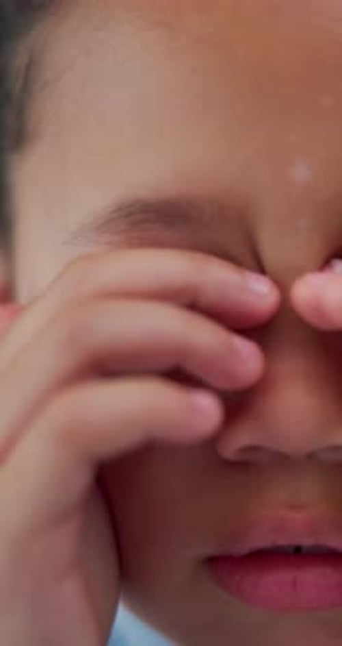 Face, rubbing eyes and tired with girl closeup in home for eye strain, fatigue or vision