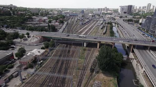 Traffic on Railroad Overpass Aerail View