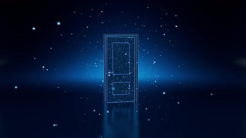 Apertura de puerta de estructura metálica sobre fondo azul oscuro con partículas