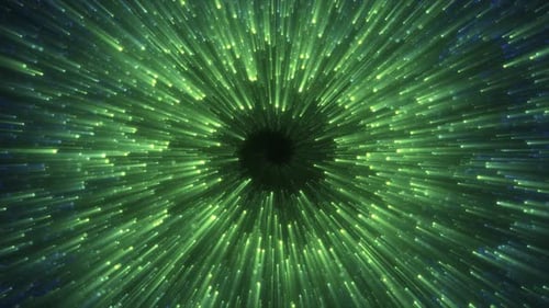Abstract green energy magical glowing spiral swirl tunnel particle background with bokeh