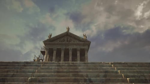 Grand Temple avec escaliers sous un ciel Théâtral au coucher du soleil
