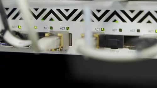 Optical Server and Router of the Data Center Server Room Network Equipment Blinking with Lights on