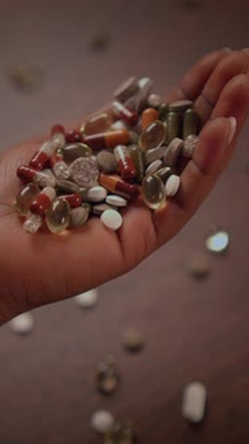 Une poignée dynamique de pilules multicolores et de pierres naturelles pour le bien-être et la guérison
