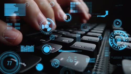 Close-up of Hands Typing on Laptop Keyboard Surrounded by Digital Data, Analytics, Technology Concep