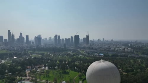Aerial shot of a hot air balloon over Yarkon Park Tel Aviv, Israel