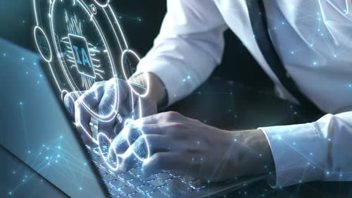 Geschäftsmann tippt auf einem Laptop und stellt eine Verbindung zum Prozessor für künstliche Intelligenz her