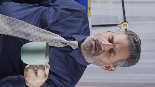Vertical Video of Thoughtful mature businessman working alone in the office.