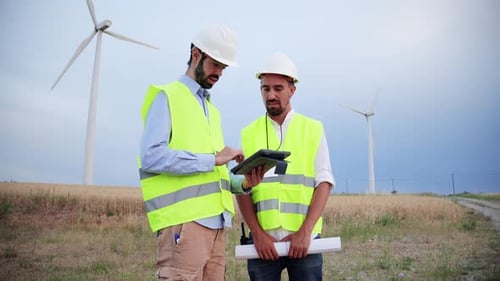 Two Windmill Engineers Using a Tablet Device Inspect the Turbine Together Renewable Energy