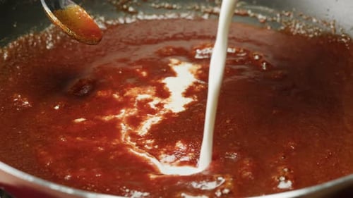 Close Up of Boiling Sugar with Bubbles Turns Into Caramel Caramelization Chef Cooking Dessert in