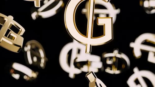 Endlessly Falling Gold Guarani Symbol on a Black Background