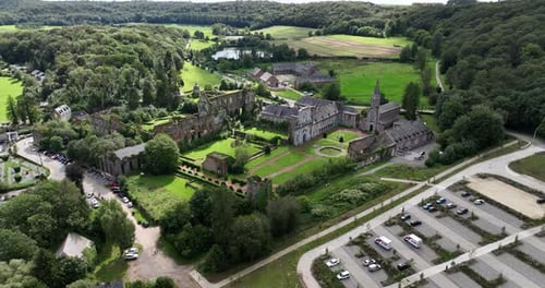 The ruins of the former Abbey of Aulne. Aerial drone video