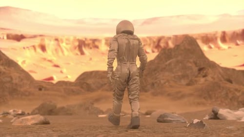 Cinematic Sci-Fi Scene of Astronaut Trekking Through Alien Desert Terrain