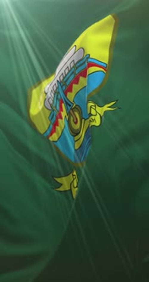 Realistic Waving Flag with Emblem and Text on Green Background