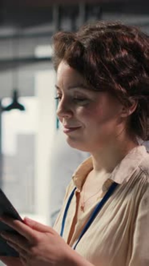 Vertical Video Female Office Administrator Using Digital Tools for KPI Analytics