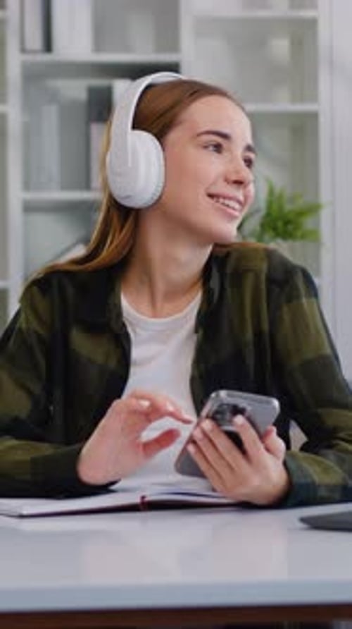 Teen Girl School College Student Wear Headphones Hold Mobile Phone Distance Learning Online Female