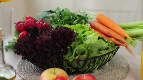 Close Up View of Fresh Vegetables and Seasoning on the Kitchen Table Healthy Food Concept Organic