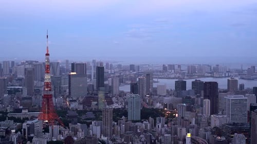 Tokyo Tower at dusk from high above, medium panorama View in 4k