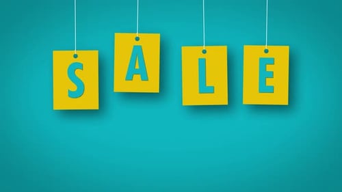 Yellow sale text on the blue background with white line