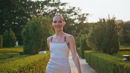 Smiling Woman Strolling Greenery Enjoying Beautiful Landscape Girl Walking Park