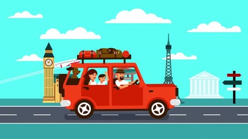 Flat Design Animated Family Road Trip World Tour