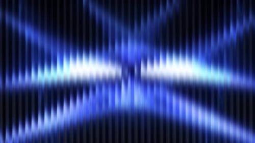 Intersecting blue neon lasers reflecting sharply on vertical glass lines