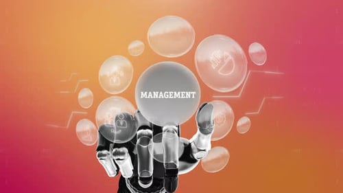 Futuristic Robotic Hand Presenting Digital Management Icons