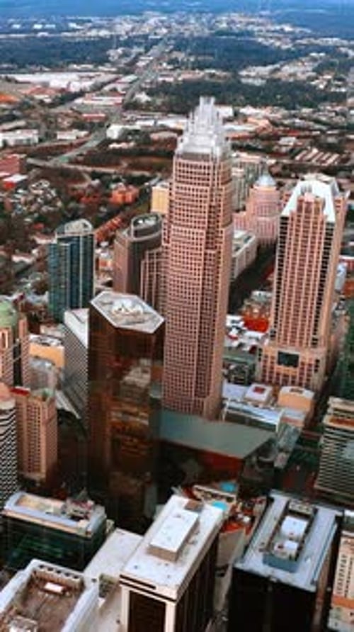 A group of high-rise buildings in the downtown of American metropolis. Daytime view of Charlotte