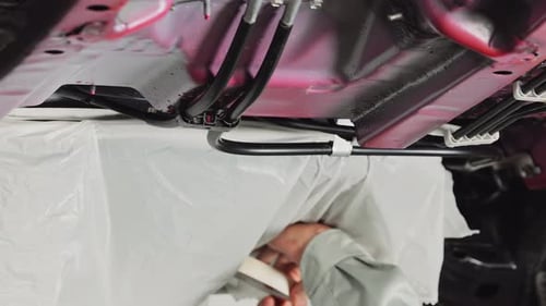Engenheiro automotivo cobrindo habilmente o chassi do carro com plástico