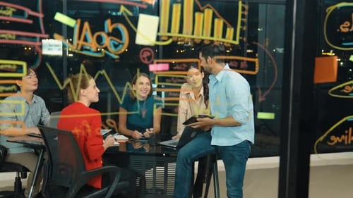 Skilled business team discussion about start up project at office. Tracery