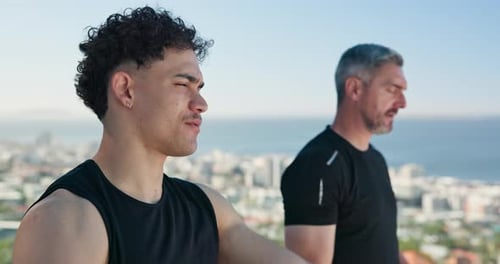 Exercise, stretching and man with personal trainer in city for training, fitness and start workout