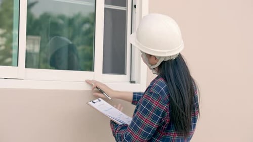 Asian woman is home inspector in weiss Construction, newly built, woman inspecting house structure