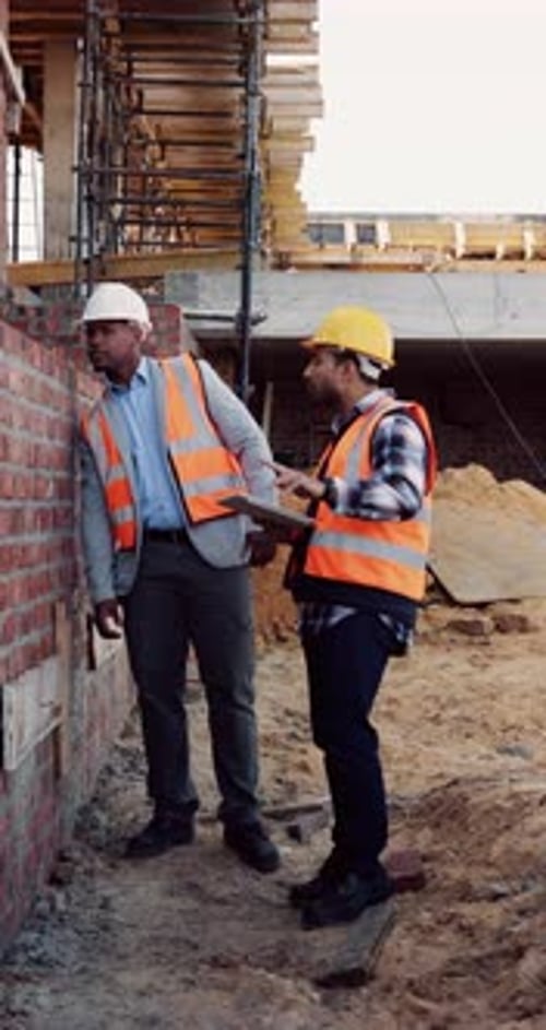 Men, tablet and building inspection in construction for masonry safety, concrete work or teamwork