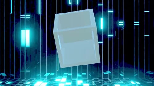 Cubo azul brilhante flutua no espaço digital