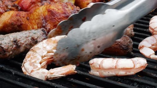 Assorted Meats and Seafood on Barbecue Grill