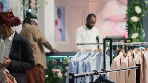 Worker Restocks Luxurious Clothing Store