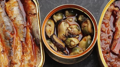 Canned Sardines and Seafood Close Up Still Life
